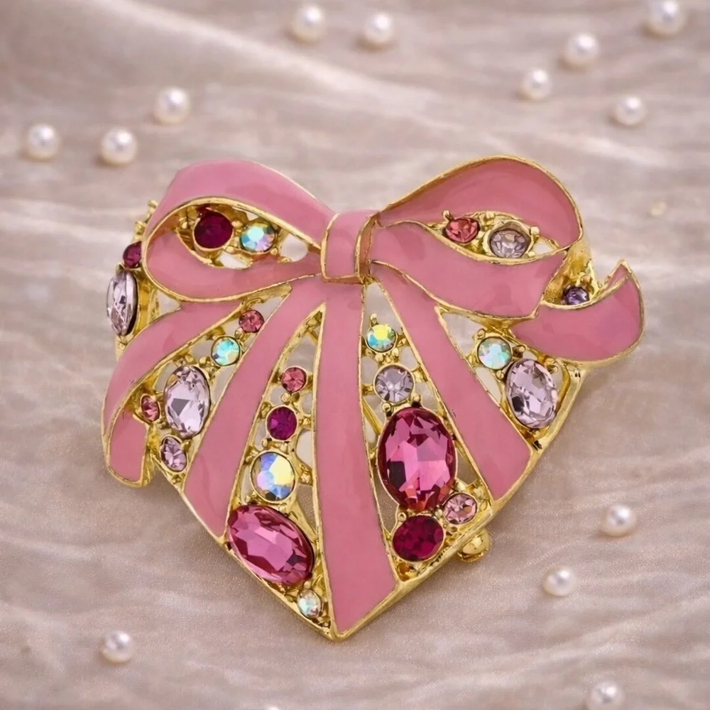 Vintage Pink Heart Bow Crystal Brooch